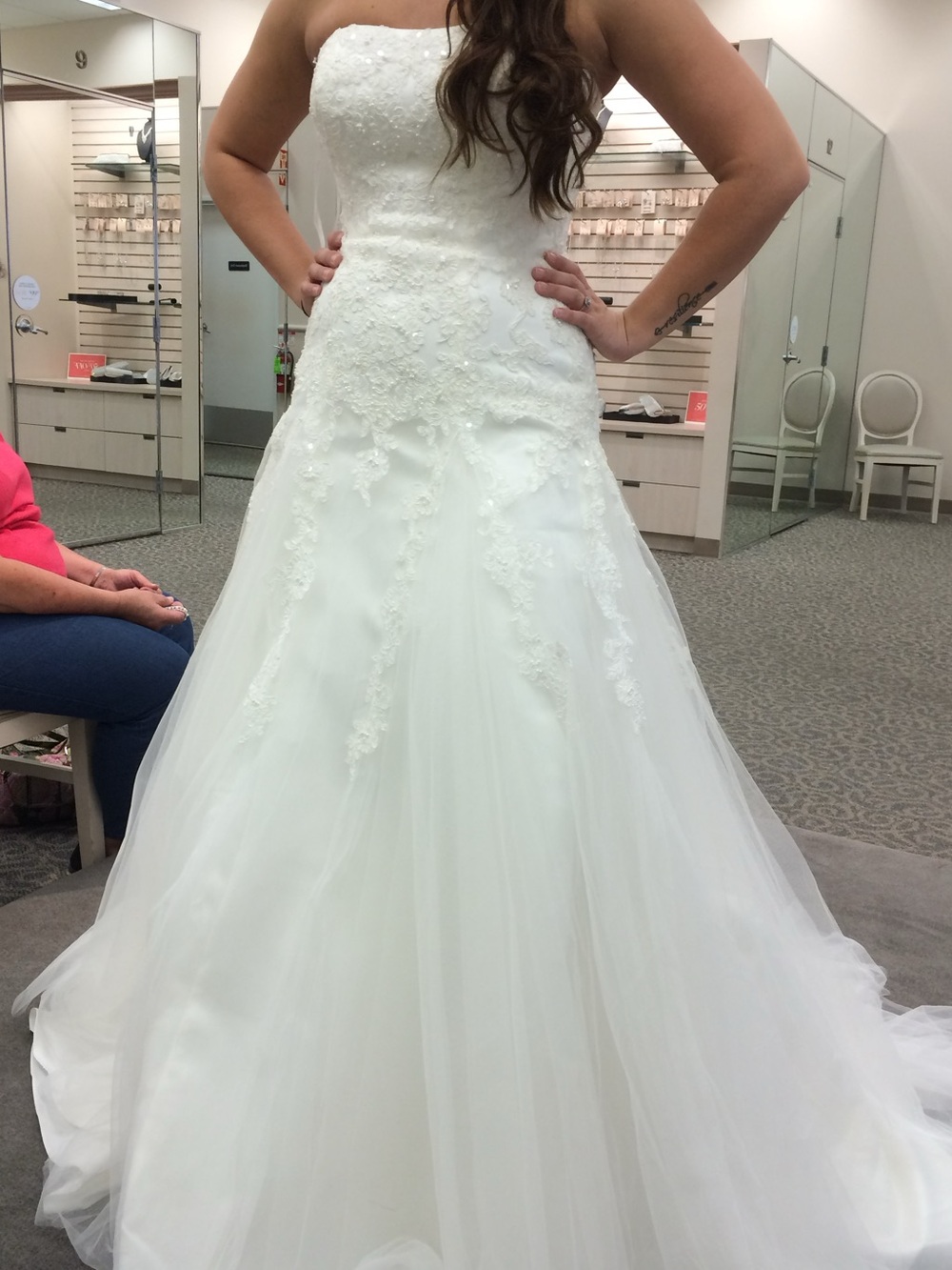 David's Bridal White Strapless Lace Appliqué Ball Gown Wedding Dress